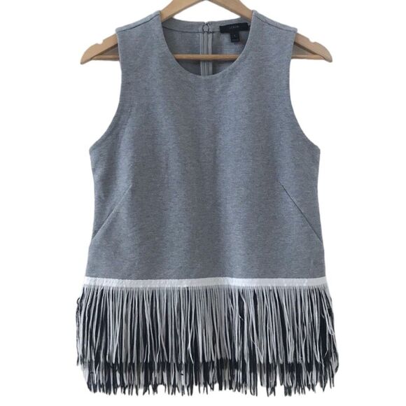 J. Crew Tops - J CREW Size Medium Gray KNIT TOP WITH FUN FRINGE Round Neck Sleeveless NEW